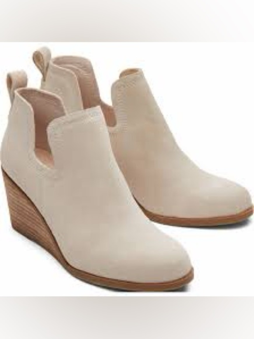 TOMS Kallie Buck Suede Wedge Booties Womens 7 Taupe Beige Cutout Slip On Ankle